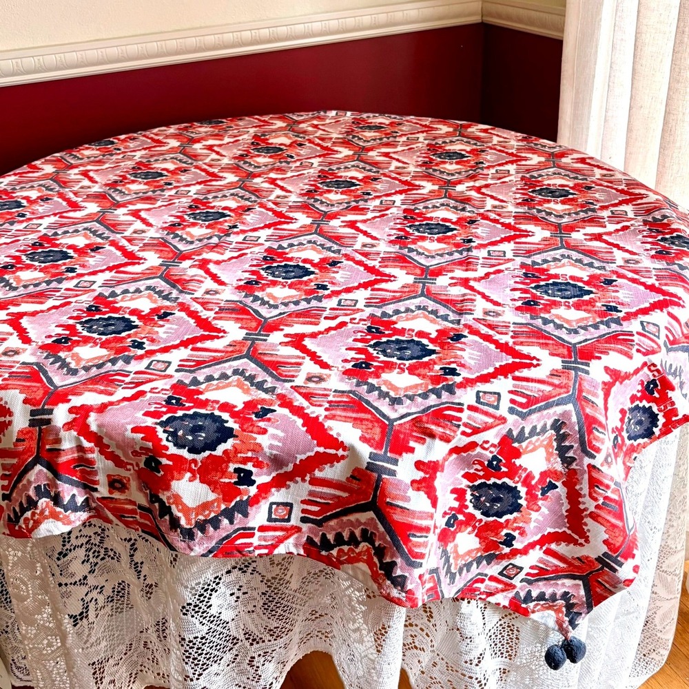 Opalhouse Red Pink Ikat Geometric Cotton Tablecloth Pom Tassel 51x51 Table Scarf